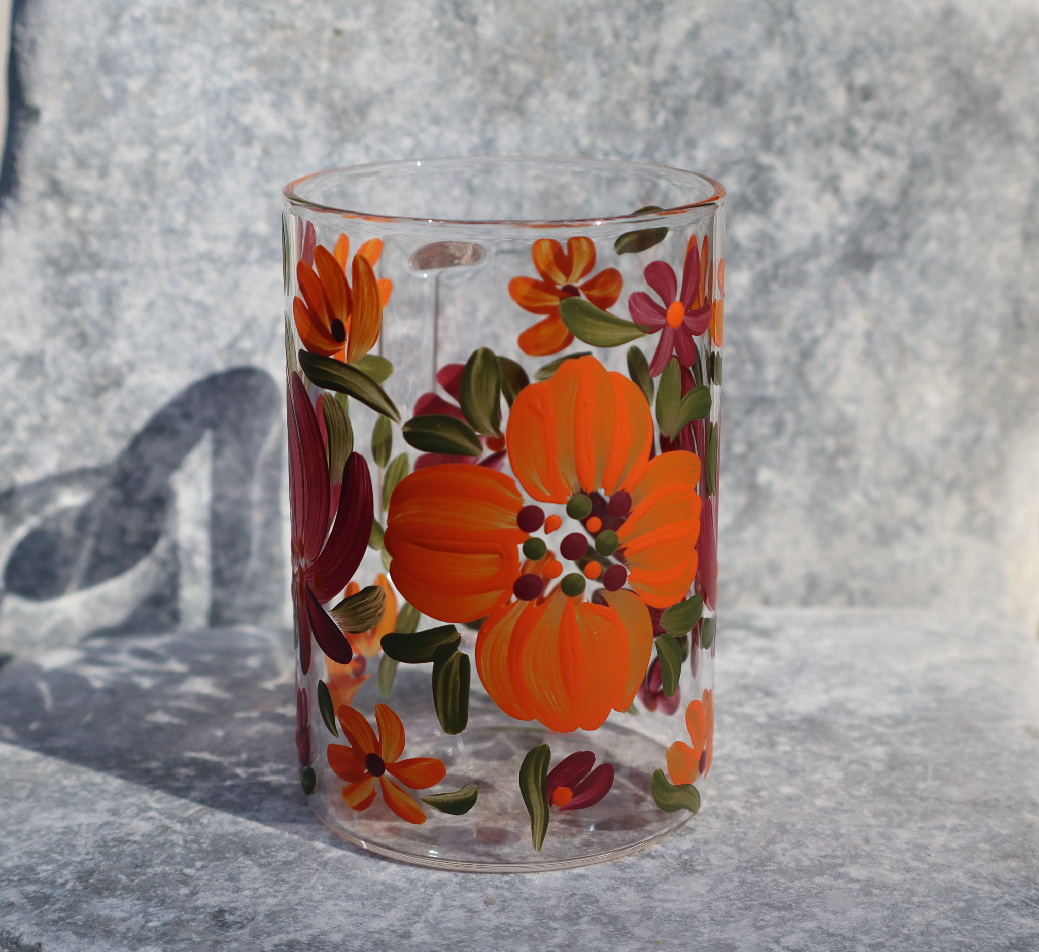 Autumn Blaze - Cam Kupa 270 ml, turuncu çiçekli yüz