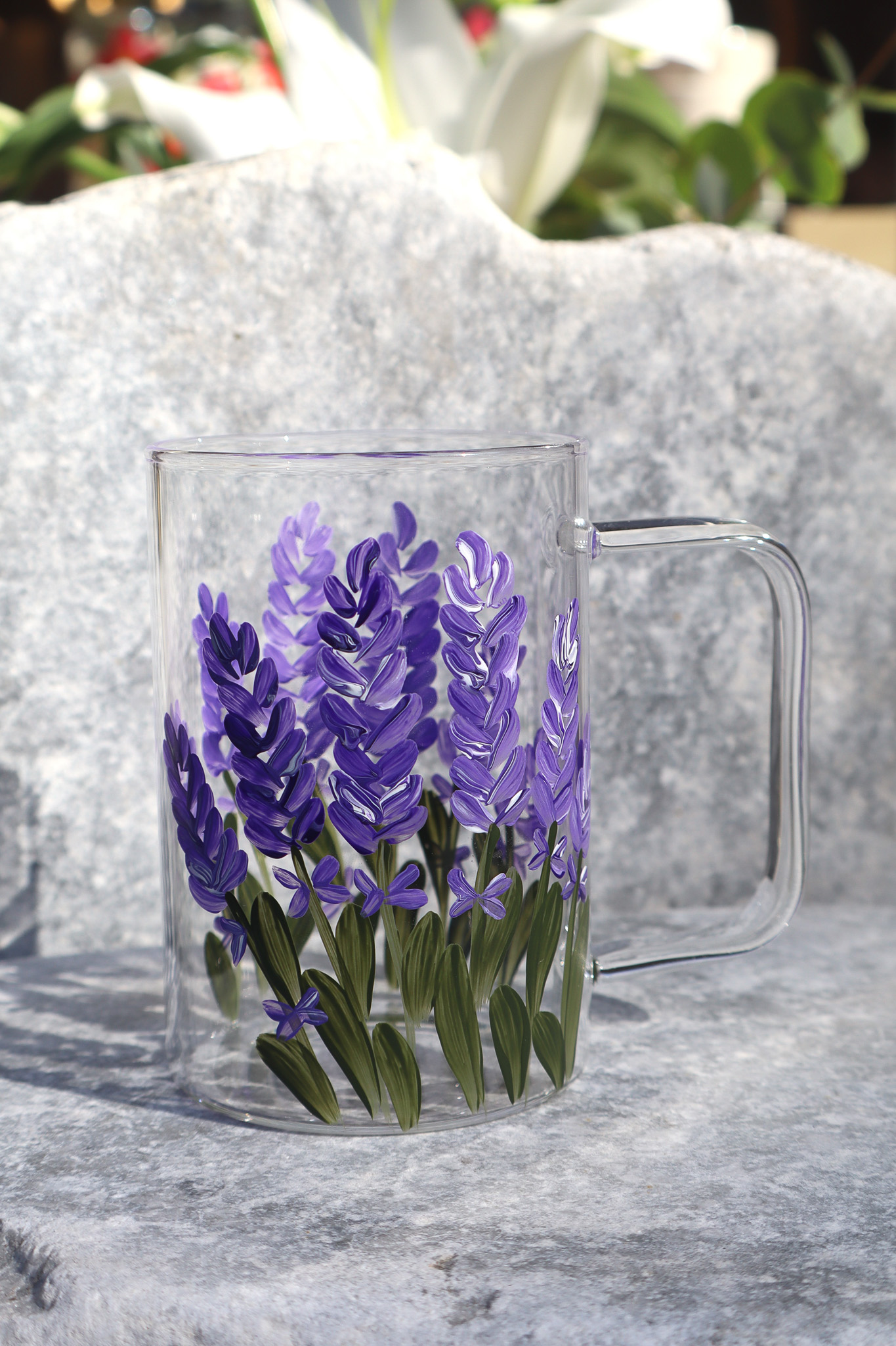 Lavender Dream - Cam Kupa 270 ml, lavanta desenli yan görünüm