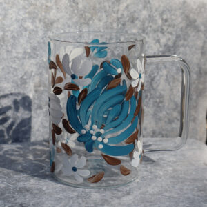 Teal & Mocha Floral - Cam Kupa 270 ml, petrol mavisi çiçekli yüz