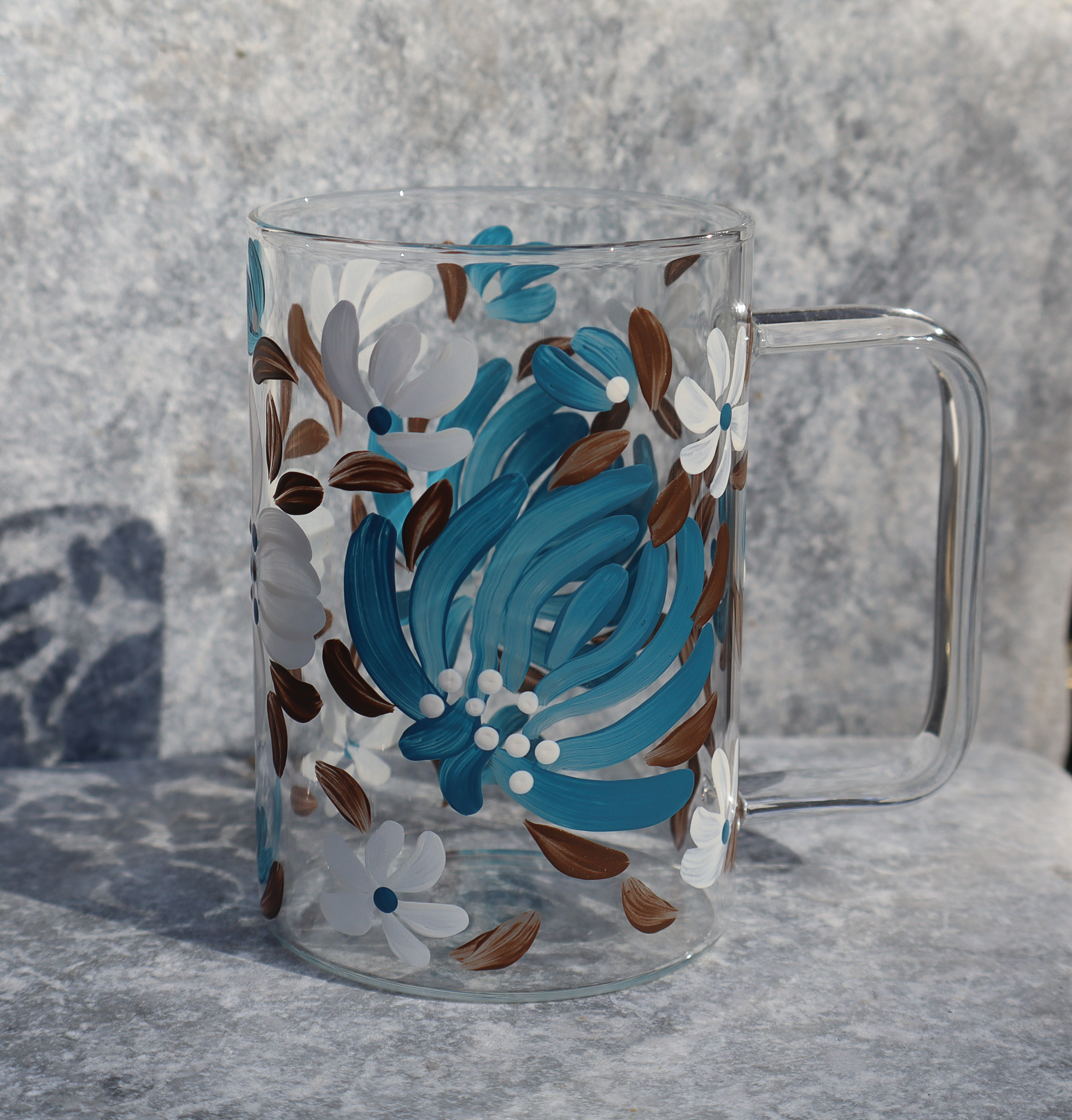 Teal & Mocha Floral - Cam Kupa 270 ml, petrol mavisi çiçekli yüz