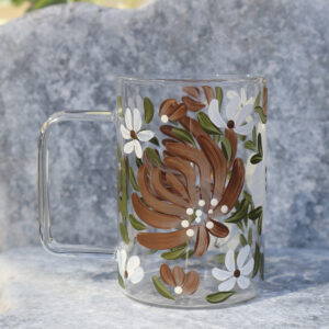 White & Mocha Floral - Cam Kupa 270 ml, moka çiçekli yüz