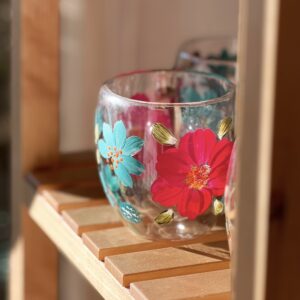 Scarlet & Turquoise - Çift Cidarlı Bardak 350 ml, kırmızı ve turkuaz çiçekli